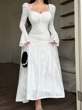 Feyla Elegancka, jednokolorowa, damska sukienka żakardowa z rozszerzanymi rękawami