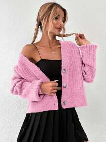 EURMUSE 女士休闲纯色罗纹落肩长袖开衫 - 淺粉色 - 查看 3