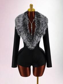 Amplova Bộ đồ liền thân tay dài cổ chữ V sâu phối cổ lông - màu đen - Xem 8