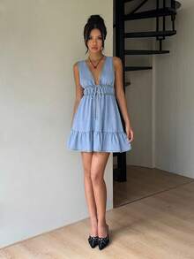 Aloruh 女式牛仔无袖迷你连衣裙，休闲修身，蓝色 - 中等水洗藍 - 查看 7