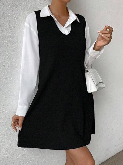 EMERY ROSE Women's Casual Daily Simple Solid Color V-Neck Sleeveless Loose Knit Sweater Dress, Autumn/Winter (Excluding Shirt)