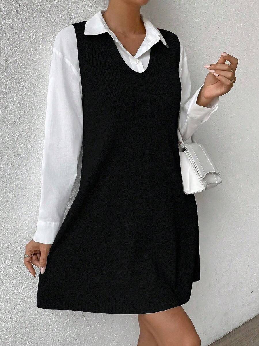 EMERY ROSE Women's Casual Daily Simple Solid Color V-Neck Sleeveless Loose Knit Sweater Dress, Autumn/Winter (Excluding Shirt) - Black - View 1