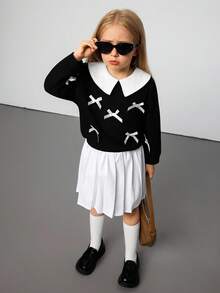 Young Girl Casual Cute School Style Contrast Color Peter Pan Collar Bow Decor Drop Shoulder Loose Sweatshirt, Autumn/Spring Black And White Long Sleeve Sweatshirt With Bows - Black - View 8