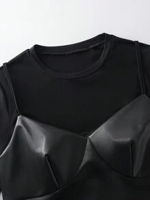 Rafferiza 女式圆领长袖休闲二合一 A 字型 PU 皮革连衣裙 - 黑色 - 查看 3