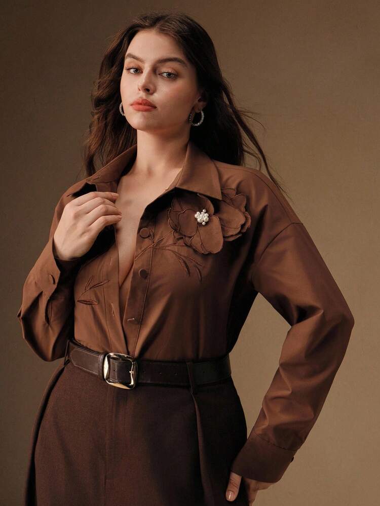 Women's Elegant Floral Embroidered Collared Long Sleeve Pocket Blouse, Brown