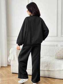 SHEIN 2pcs/Set Teen Girls Casual Oversized Raglan Sleeve Graphic Sweatshirt And Matching Loose Straight Leg Sweatpants Set, Suitable For Autumn Winter Daily Wear, Back To School, Casual Occasions Fall - White - View 3