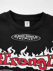 SHEIN 青少年男孩宽松休闲图案圆领运动衫 - 黑色 - 查看 3