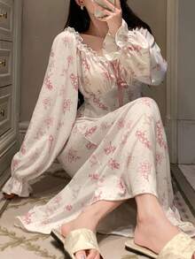 DAZY 浪漫法式波尔卡圆点和花卉印花荷叶边前开腰束腰女式睡袍睡衣 - 粉色 - 查看 4