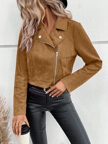 EMERY ROSE Women's Faux Suede Motorcycle Jacket - Khaki - View 4