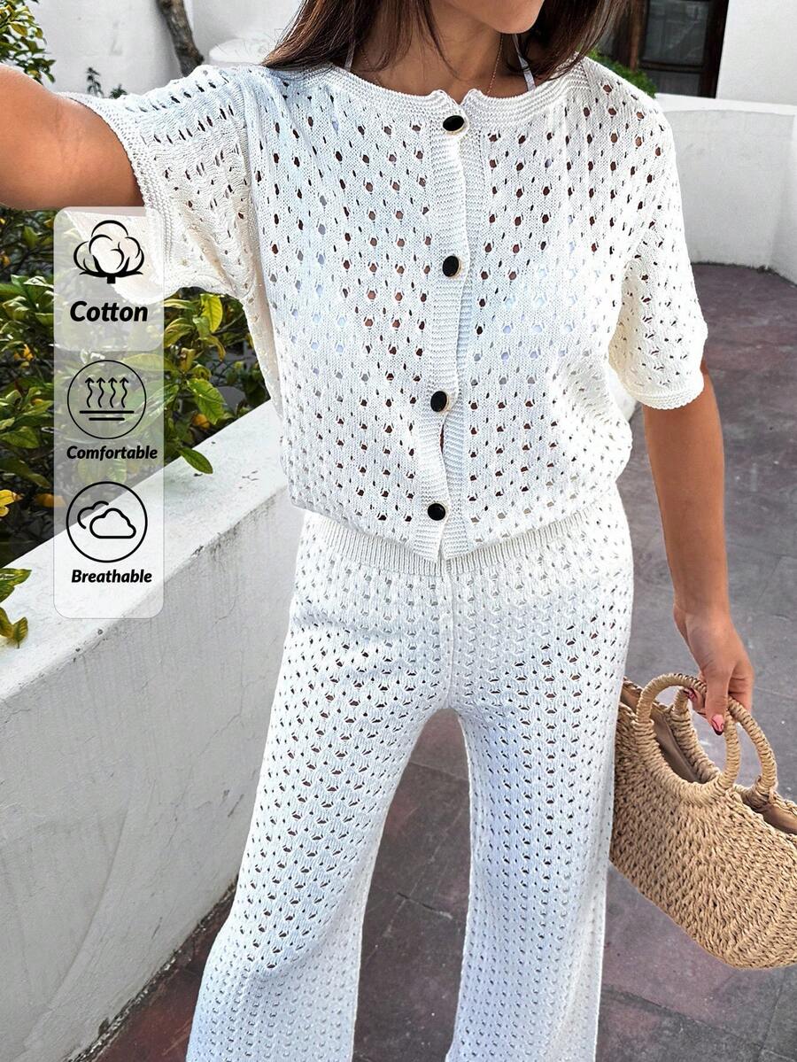 EURMUSE 2pcs/Set Summer Thin Hollow Out Knitted Top And Pants Cover Up - White - View 1