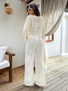 EURMUSE Ivory Open-Knit Two-Piece Set With Flared Pants And Long-Sleeve Top, Featuring A Lightweight And Breathable Fabric For Boho-Chic Styles Women For Summer - Cream - View 2