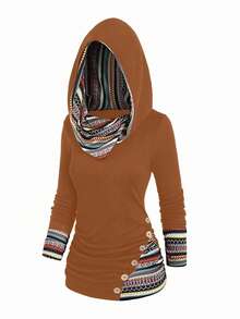 EMERY ROSE Camiseta gráfica de mujer con botones y pliegues en patchwork