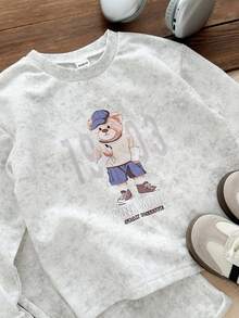 Genkimix Kids Genkimix 儿童卡通印花宽松圆领T恤和裤子两件套休闲运动服套装，适合年轻女孩，适合春夏秋冬 - 淺灰色 - 查看 2
