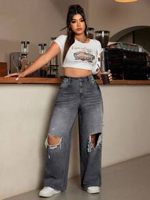 EURMUSE Plus Size Women High Waist Pockets Distressed Wide Leg Loose Casual Jeans - Grey - View 4