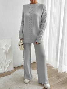 EURMUSE Women's Autumn Cable Pattern Raglan Sleeve Sweater And Knit Pants Casual 2 Pieces Set - Grey - View 5
