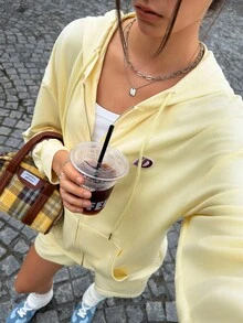 Jouncy Women's Autumn Letter Graphic Drop Shoulder Zip Front Hoodie And Shorts Casual Suit - Yellow - View 5