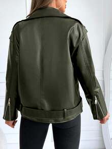 EURMUSE Women's Fashionable Solid Color Jacket With Belt, Autumn - Army Green - View 2