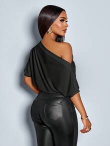 SOLERSUN Women's Solid Asymmetrical Neck Ruched Shoulder Tee - Black - View 2