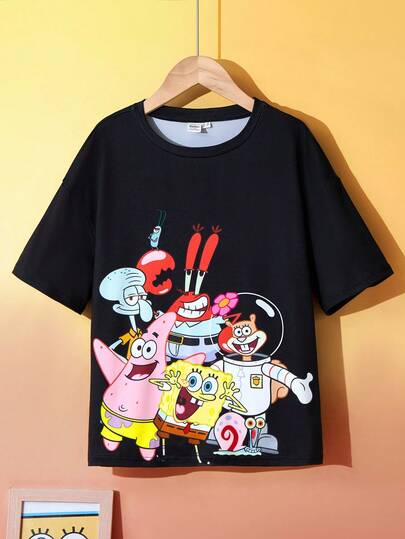 SpongeBob SquarePants | SHEIN Tween Boy Casual Outdoor T-shirt med tecknad grafik, lös passform, rund hals, kortärmad, svart, sommar