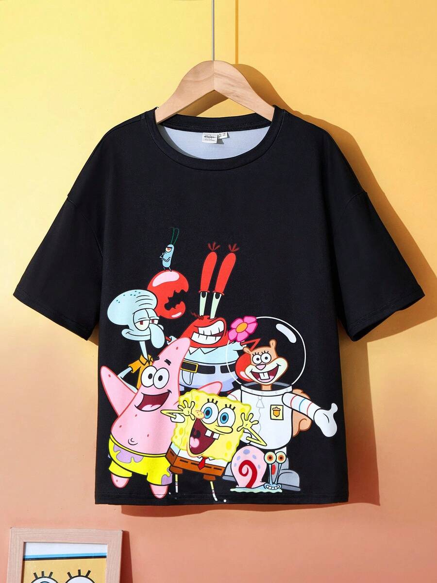 SpongeBob SquarePants | SHEIN Tween Boy Casual Outdoor Cartoon Graphic Loose Fit Round Neck Short Sleeve Black T-Shirt, Summer - Black - View 1