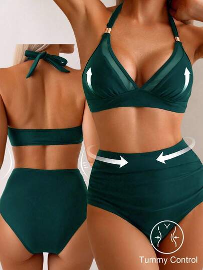 Shapewave Conjunto de 2 piezas de traje de baño de mujer para vacaciones de verano, uso casual en la playa, con parches de malla negra sólida, shorts de cintura alta con control de abdomen y atar