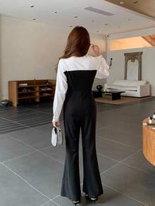 Teen Girls Black & White Patchwork Lapel Fitted Flare Jumpsuit Pants, Elegant Fitted Jumpsuit, Commuting Black & White Contrast Jumpsuit Pants Teen Girl Dress Pants Business Outfit Girls Teen Pants Suit 15 Years Old Girls Pants Suit Fall Winter - Black and White - View 4