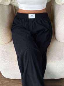 SHEIN EZwear 大码女式高腰宽松阔腿裤，灰色灯芯绒面料，带口袋和贴片设计，适合校园、日常穿着和室内工作，秋冬季 - 深灰色 - 查看 3