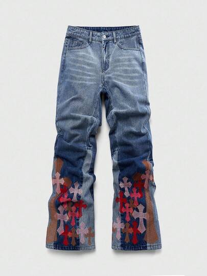 Street Life Men's Cross Embroidery Pocket Flared Casual Jeans  Cross Jeans
