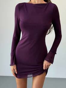 Aloruh Women's Sexy Backless Mesh Vintage Purple Mini Bodycon Fitted Dress, Autumn/Winter - Purple - View 4