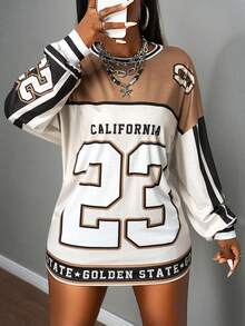 Slaydiva 2025 New Autumn And Early Autumn New Casual Street Sports Style Daily Dating Music Festival Round Neck Long Sleeve Drop Shoulder Super Loose T-Shirt 23 Digital Slogan Logo Print Brown Splicing White P,Fall Clothes For Women - Multicolor - View 9