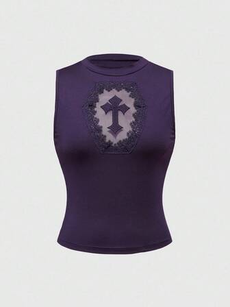 J-Fashion Canotta da donna con scollo rotondo, patch in rete a croce, motivo ricamato, versatile per feste e vacanze