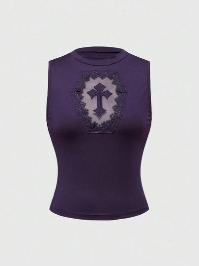 J-Fashion Débardeur femme à encolure ronde, patchwork en filet croisé, motif brodé, polyvalent et pour les fêtes et les vacances