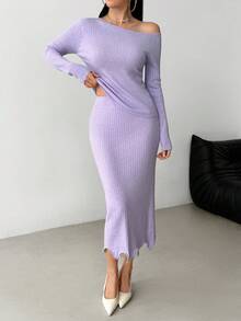 Modelyn Conjunto de 2 piezas de suéter de unicolor elegante con cuello asimétrico y falda de punto para mujer - Morado - Ver 3