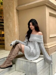 DAZY 女士宽松露肩插肩针织毛衣，灰色休闲风，冬季可爱上衣 - 灰色 - 查看 6