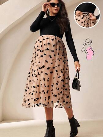 MaterniWear 2 Maternity Outfits - Black Ribbed Stand-Up Collar Slim-Fit T-Shirt And A-Line Khaki Mesh Black Polka Dot Skirt  Business Casual Woman   Fall Women Clothes   Business Casual Woman Going Out  Fall  Brown Skirt  Chic Women's Set
