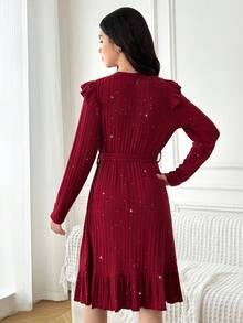 SHEIN Teen Girl Elegant Fitted Round Neck Frill Trim Long Sleeve Metallic Texture Ribbed Asymmetric Bowknot Knit Dress, Red, Suitable For Christmas And Halloween - Red - View 2