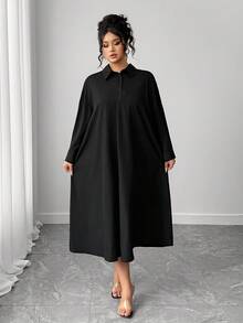 SHEIN PETITE CURVE Plus Size Solid Color Casual Loose Fit Shirt Dress - Black - View 3