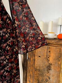 Comfortcana 大码休闲棕色枫叶印花长袖连衣裙，秋冬 - 紅色 - 查看 3