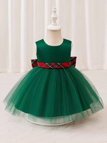 Glamorique Kids Vestido de satén verde con encaje para niñas con lazo grande en la espalda a cuadros, cinturón de cintura de color block, vestido de tirantes, vestido de cumpleaños para bebé niña, disfraz de fiesta de actuación, vestido para bebé niña - Verde - Ver 2
