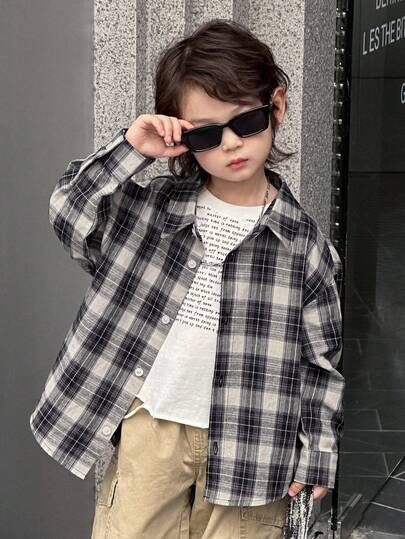 DAZY 幼儿男童休闲宽松格子衬衫，秋季街头风格