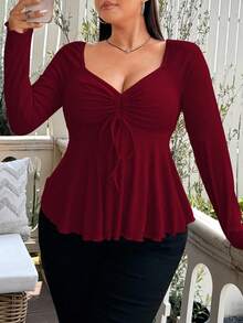 Vionelle Plus Size Women Diamond V-Neck Front Drawstring Rib Knit Long Sleeve T-Shirt, For Thanksgiving Fall Cloth For Women - Burgundy - View 7
