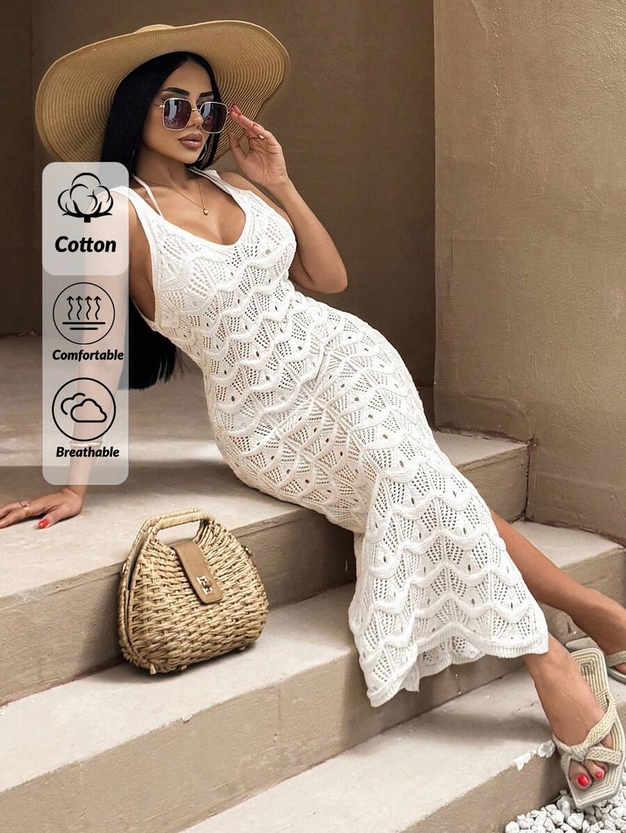 SHEIN Cottnline Summer Beach Casual Solid Color Side Split Knit Coverup Dress - White - View 1