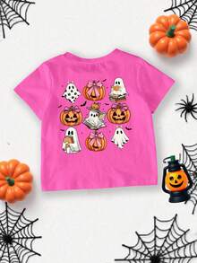 SHEIN Baby Girl Casual Minimalist Fashion Halloween Pumpkin Bow Graphic Short Sleeve Round Neck T-Shirt, Suitable For Summer Halloween Toddler Clothes Spooky Baby Clothes Pumpkin Baby Girl Outfit Baby Girl Halloween Shirt Ghost Halloween Shirt