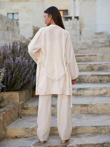 100%Cotton Sprecial Texture Cool Touche Linel Kimono Linen Pants Women Two Pieces Outfits - Beige - View 2
