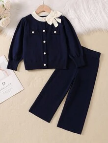 Genkimix Kids Young Girls Sweater Co-Ords, Cute 3D Bow Ruffle Trim Knit Sweater Set, Loose Versatile Cardigan + Pants 2-Piece Outfit, Long Sleeve Knitted Sweater Set, Suitable For Daily Wear, Outings, Travel In Autumn/Winter Fall