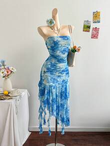 Soleia 女士浪漫粉色花卉网眼荷叶边系带连衣裙，适合节日、约会、情人节、下午茶、海滩、音乐节、波西米亚风度假 - 藍色 - 查看 6