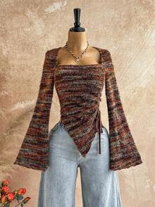 Soleia 女士度假甜美 U 领抽绳系带侧喇叭袖不对称下摆修身衬衫，波西米亚风，波西米亚风，浪漫花卉 - 黃色 - 查看 3