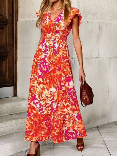 SHEIN Clasi Vestido largo de verano para vacaciones con flores naranja de dopamina