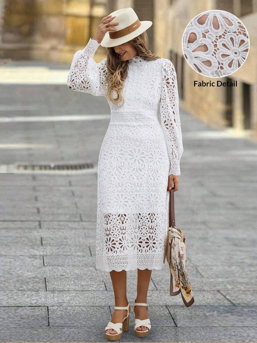 SHEIN Clasi Vestido de encaje elegante y romántico con mangas abullonadas hasta la pantorrilla, vestido de San Valentín, ropa de otoño para mujeres, vestidos de otoño para mujeres, ropa de otoño para mujeres, vestidos de otoño para mujeres, vestido de invitada de boda elegante, vestidos elegantes para mujeres, vestido de invitada de boda elegante, ropa de otoño para mujeres, vestidos elegantes para mujeres, vestidos blancos elegantes, atuendos elegantes y clásicos para mujeres, vestidos de otoño para mujeres, vestido de invitada de boda de otoño - Blanco - Ver 1