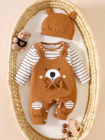 SHEIN Newborn Baby Boy Room Strip Splicing Brown Bow Bear Pattern Long Sleeved Jumpsuit And Hat Fabric Comfortable Style Cute Casual Fall Winter